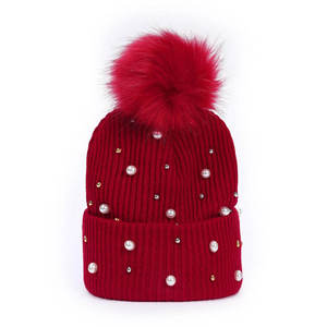 Womens Pearl Rhinestone Knit <b>Beanie</b> Hat <b>with</b> Faux Fur <b>Pom</b> <b>Pom</b> Winter Warm Cuffed Cap - Product Image 4