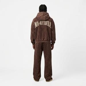 Custom Men <b>Brown</b> Acid Wash Zip Up Hoodie <b>Jogger</b> Set Cotton Fleece Streetwear Tracksuit OEM Wholesale - Product Image 2