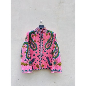 Hand Embroidered Pink Velvet 100% Cotton SHYAM EXPORT Winter Knitted <b>Jacket</b> <b>Mandarin</b> <b>Collar</b> Paisley Pattern Women's Short Full - Product Image 1