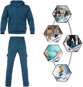 Ensemble survêtement homme personnalisé avec logo, sweat à capuche bleu zippé et pantalon cargo jogger, vente en gros OEM, fabricant de vêtements de sport décontractés en molleton - Product Image 3