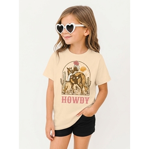 T-shirt décontracté pour filles, personnalisé OEM, style western vintage, imprimé sérigraphié, 100% coton respirant, col rond, motif 'Howdy Cowgirl' - Product Image 1
