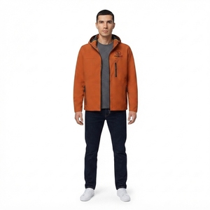 Men's Orange Hooded <b>Fleece</b> Jacket with Zipper Closure and Chest Pocket Casual Autumn Windproof 100% Polyester - Product Image 1