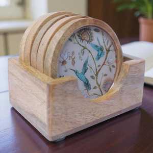 Handmade Custom Wooden <b>Round</b> <b>Coasters</b> With Bird And Floral Design Traditional Chinese Style Reusable Mats For Table Decor By UO - Product Image 1