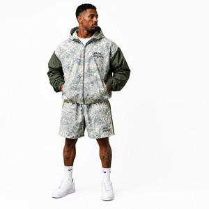 Ekin Impex Men's Hooded <b>Zip</b>-<b>Up</b> <b>Jacket</b> and Shorts Set Grey Camo Print Regular Fit Breathable Casual DTF Print Summer Wear - Product Image 3