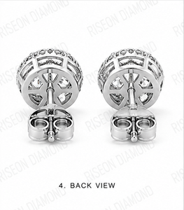 Elegant round halo diamond <b>stud</b> earrings with brilliant center stone surrounded by micro pave diamonds in polished white metal - Product Image 6