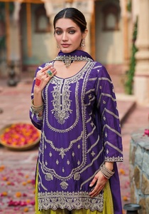 Traje Plazzo Premium Bordado en Chinon para Mujer (Talla Única) - Estilo Moderno para Bodas y Diwali - Product Image 2