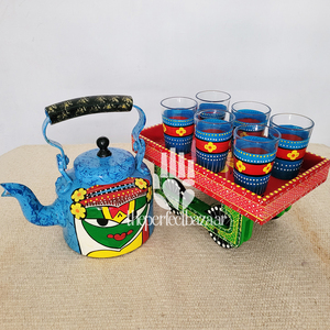theperfectbazaar Eco-Friendly Classic Aluminium Handpainted Kettle <b>Set</b> (1 Kettle + 6 Glasses + Cart) Decorative <b>Gift</b> <b>Set</b> - Product Image 5