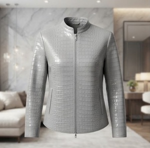 Blouson Moto Femme en Cuir PU Gris Gaufré Crocodile, Col Montant, Manches Longues, Longueur Standard, Fermeture Éclair, Automne - Product Image 1