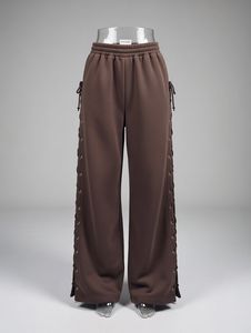 Pantalon de jogging ample et oversize en molleton marron à taille haute avec lacets latéraux et motif à pois pour femme - Product Image 6