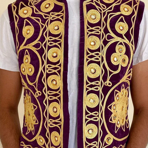 <b>Men's</b> Winter Vintage <b>Purple</b> Velour Embroidered <b>Waistcoat</b> Stand Collar Open Front Gold Embroidery Suits - Product Image 6