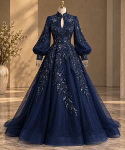 Robe de soirée bleu nuit à col montant et manches classiques, ornée de cristaux et de pompons, en satin moderne, idéale pour les événements formels - Product Image 1