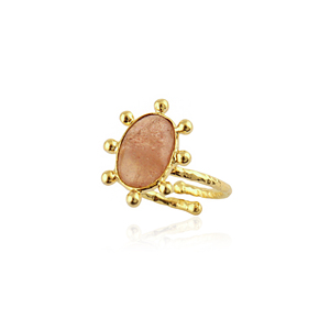 Green Strawberry Quartz Cherry Quartz Oval Gemstone <b>Ring</b> Brass 18k Gold Plated Beaded Designer Texture Band <b>Adjustable</b> <b>Rings</b> - Product Image 2
