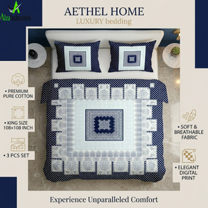 Parure de lit 3 pièces Shahi Gharana en pur coton avec taies d'oreiller |   Literie de luxe douce bleu marine avec imprimé géométrique. - Product Image 4
