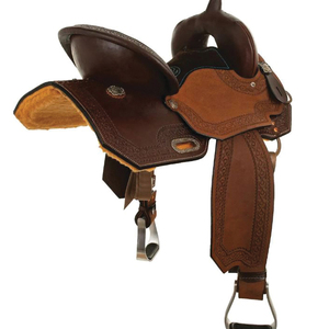 Nuevo estilo de silla de montar western de cuero genuino con estructura de madera tipo barril, equipo ecuestre con cincha ancha y respaldo duradero para equitación. - Product Image 3