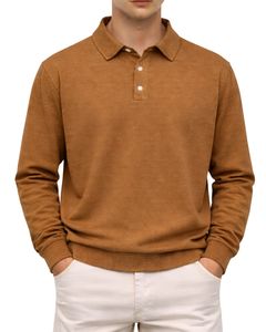 เสื้อโปโลแขนยาวสีน้ำตาลอูฐสำหรับผู้ชาย ผ้าคอตตอนผสมเนื้อนุ่ม สวมใส่สบาย คอปกคลาสสิก เหมาะสำหรับฤดูหนาว ผลิตโดยผู้ผลิตเสื้อผ้า - Product Image 1