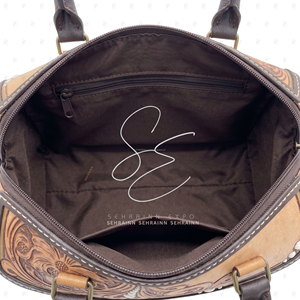 Boho Genuine Leather Hand Tooled Leather Speedy Bag for Women Vintage Floral Embossed Top Handle Cowgirl Shoulder Crossbody Bag - Product Image 5