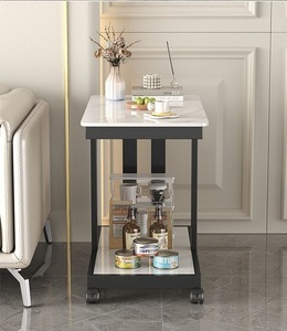 Petite table basse moderne en faux marbre blanc avec rangement asymétrique et roulettes - Product Image 3