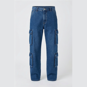 Jean cargo en denim taille haute pour homme, coupe droite, couleur unie, style utilitaire, en coton mi-lourd, pantalon d'automne - Product Image 1