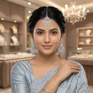 Ensemble de bijoux de créateur de luxe en argent finition argentée avec pierres vertes, comprenant des boucles d'oreilles et un Maang Tikka, pour femmes, mariages, mariées, festivals et soirées - Product Image 1