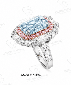 Masterpiece <b>cocktail</b> <b>ring</b> in 18K white <b>gold</b> with cushion cut fancy blue diamond halo of pink diamonds round and baguette diamond - Product Image 6