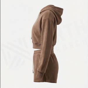 Ensemble 2 pièces en polaire pour femme, sweat à capuche zippé et short, couleur unie, coupe décontractée, au-dessus du genou, pour le printemps et l'été - Product Image 3