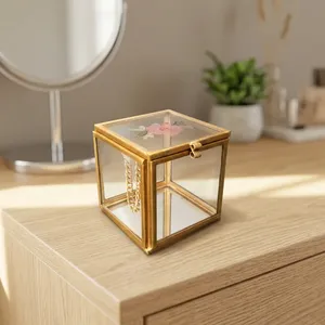 Artisan Design Square Glass Mirror Jewelry <b>Box</b> <b>Floral</b> Lid Brass Frame Minimalist Modern Design B66b Vanity Storage Decorative - Product Image 2