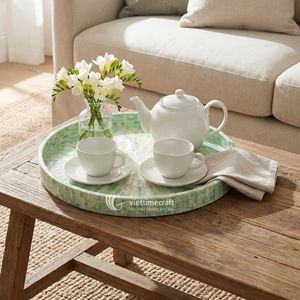 Bandeja de Servir Redonda con Incrustaciones de Madreperla, Hecha en Vietnam, de Lujo, Color Verde Menta, con Mosaico de Conchas Solares, Plato Decorativo - Product Image 5
