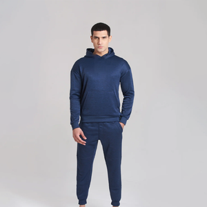 Men's Hooded Sweatshirt <b>Set</b> Solid Color Cotton <b>Knitted</b> Casual Wear Autumn Style Full Sleeve Tracksuit Blue - Product Image 3