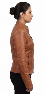 Veste en cuir marron clair pour femme, col montant, multi-zips, style motard, coupe ajustée, fournisseur en gros - Product Image 2