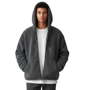 Veste zippée en molleton lavé anthracite avec capuche et poches pour homme – Manteau d'hiver élégant, chaud et confortable - Product Image 5