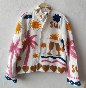 Sujani Embroidered Leather Bomber <b>Jacket</b> Reversible Floral Design Autumn Stand Collar - Product Image 4