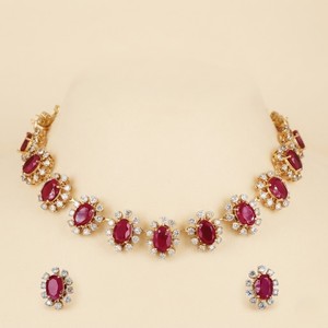 Elegant 18K Gold Diamond <b>Necklace</b> Set with Lab Grown Diamonds & <b>Ruby</b> Toned Stones IGI Certified - Product Image 4