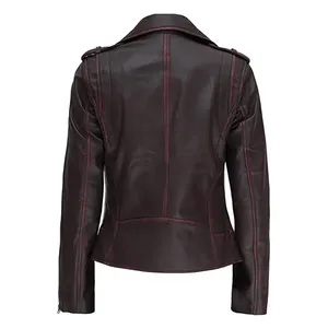 Women's Original Sheep Skin Biker <b>Jacket</b> with Zip Pockets and Stripe Waterproof & Reversible Winter Regular Coat - Product Image 2
