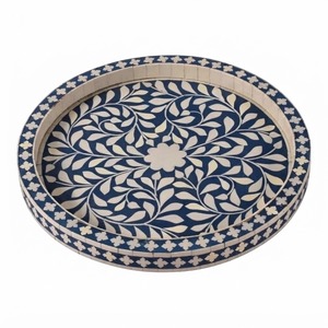 Handcrafted Geometric Bone Inlay Serving <b>Tray</b> Luxury Blue And <b>White</b> Mosaic Decorative Ottoman <b>Tray</b> For Hotel And Home Decoration - Product Image 4