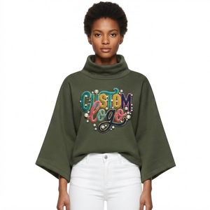 Custom Black Beaded Embroidery Patch Sweatshirts Women Cowl Collar Hoodies Wide Sleeve Crossover <b>Wrap</b> Hem Loose Fleece Top OEM - Product Image 5