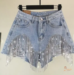 Women's High Waist Denim Shorts <b>Asymmetric</b> Tassel Distressed Washed Cotton Casual Summer Shorts - Product Image 4