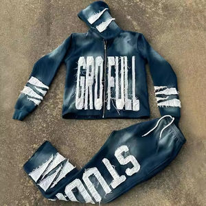 Custom Logo Breathable Winter Solid Streetwear Acid Wash Flared Tracksuit Mens 100% Cotton Distressed Embroidery <b>Applique</b> - Product Image 1