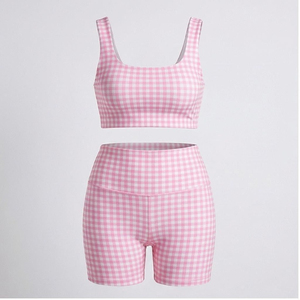 Pink Plaid 2 Piece Casual Sleeveless Sports <b>Set</b> Crop Top High Waist Shorts Breathable Polyester Women's Workout Wear Spring - Product Image 1