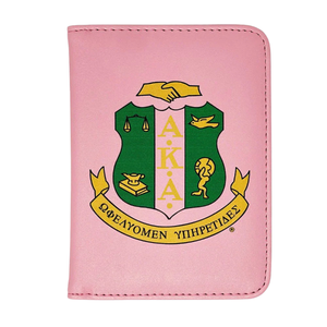 AKA Passport <b>Holder</b> Pink & Green Faux Leather Travel Passport <b>Wallet</b> with Card Slots and Embossed Crest AKA Access - Product Image 1