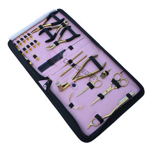 Kit d'outils professionnel pour extensions capillaires Gold : Pince à micro-perles, Pince à sertir, Crochet de tirage, Enfileur de boucles, Ciseaux, Pince à bandes adhésives - Product Image 1