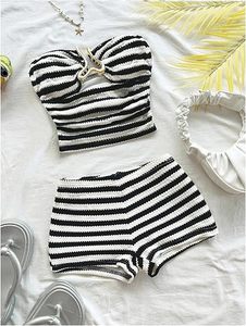 Ensemble deux pièces décontracté pour femmes, haut court sans bretelles, pantalon long, uni, respirant, polyester et coton, vêtements de mode d'été - Product Image 1