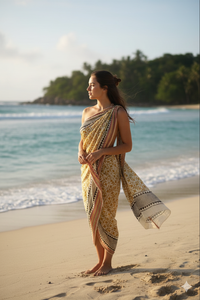 Sarong en coton imprimé à la main en Inde avec bordure en soie |   Vêtement de plage à enrouler |   Exportation en gros |   Paréo de plage d'été - Product Image 4