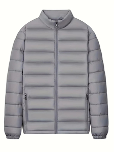 Veste matelassée en polaire écologique à col montant gris pour homme, coupe-vent, fermeture éclair, veste d'hiver décontractée, rembourrage en coton, coupe régulière - Product Image 1