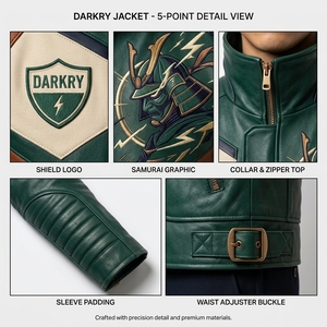 Blouson en cuir vert pour homme, style motard, avec blocs de couleur, patch brodé, col montant et fermeture éclair - Product Image 6
