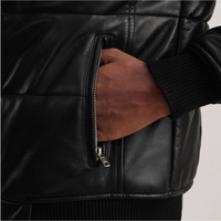 Blouson matelassé en cuir véritable noir pour homme, col rond, fermeture éclair, coupe-vent, hiver, coupe ajustée, séchage rapide, style motard, nylon