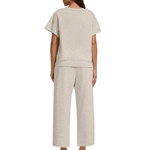 Conjunto Deportivo Casual para Mujer, Manga Corta, Cuello Redondo, Corte Holgado, Pantalones hasta el Tobillo, Color Sólido, Cintura Elástica, 100% Algodón, Ropa de Primavera - Product Image 4