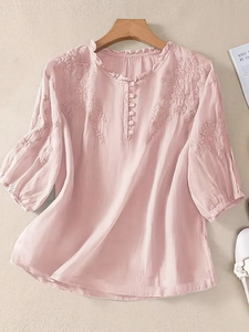 Loose Women's Summer <b>Tops</b> Casual Shortsleeved Large Size Shirts with Embroidery Breathable Shirts for Women - Product Image 3