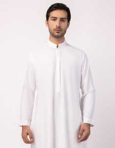 Qamis blanc pour homme à manches longues en coton, col montant, longueur ras du sol, tenue de prière modeste, style Moyen-Orient, toutes saisons, couleur unie - Product Image 2