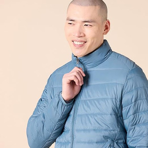 Men's Lightweight Hooded Puffer <b>Jacket</b> Solid Color Windproof Zipper Closure Casual Winter Wear Blue - Product Image 3