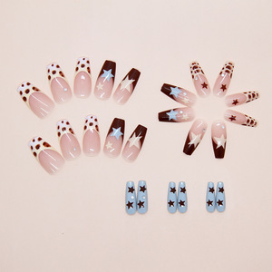 24 Pcs ABS Removable Press-On Nails Sea Salt Cream <strong>Chocolate</strong> <strong>Brown</strong> French <strong>Shining</strong> Nail Art with Glue for Finger Use - Product Image 5